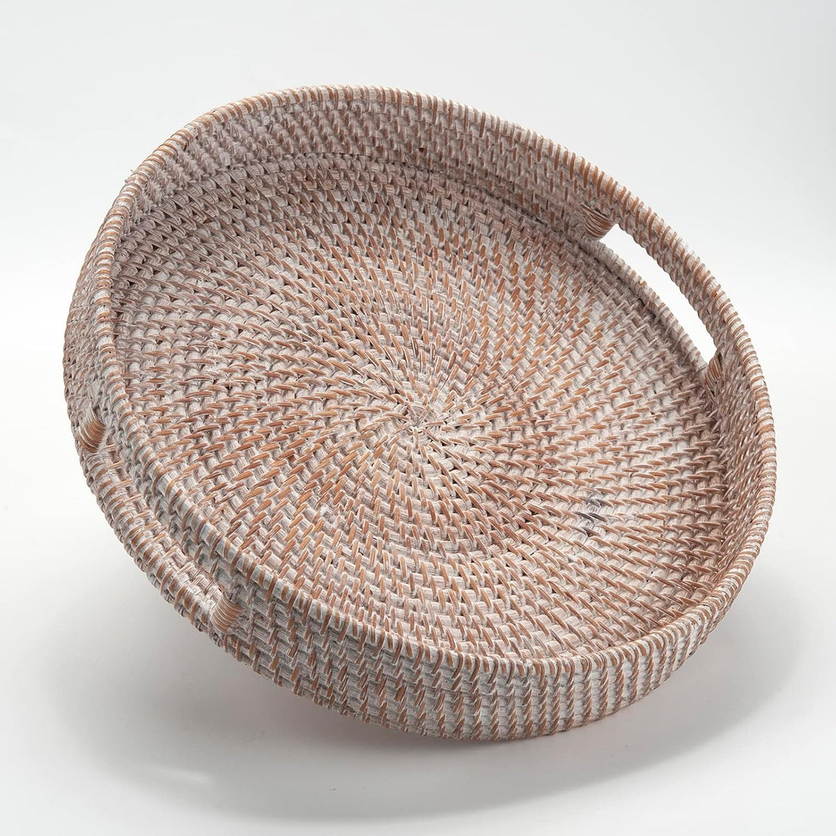Round Rattan Serving Tray Decorative Woven Ottoman Trays with Handles for Coffee Table Natural (Small 11.8 inch x 2 inch)
