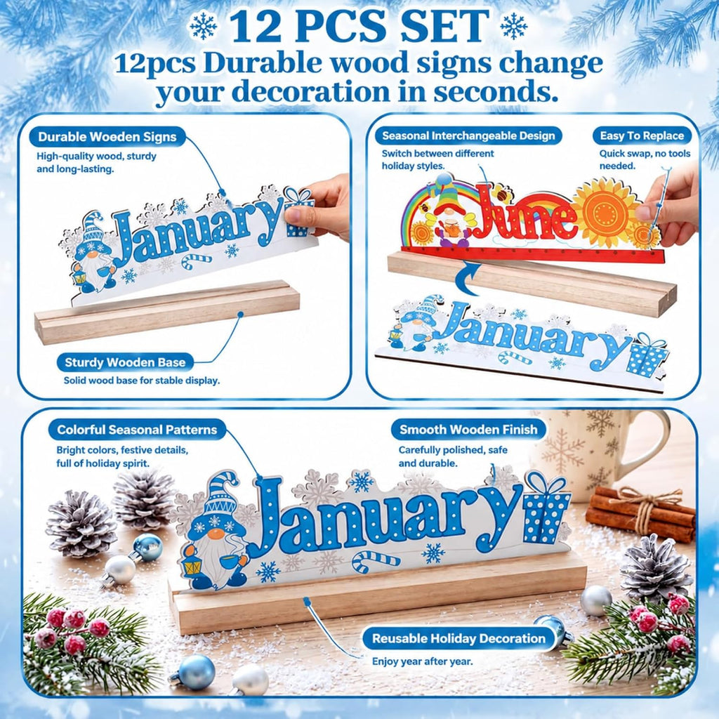 Sintuff 12 Pieces Interchangeable Seasonal Table Decor Set with Wood Base