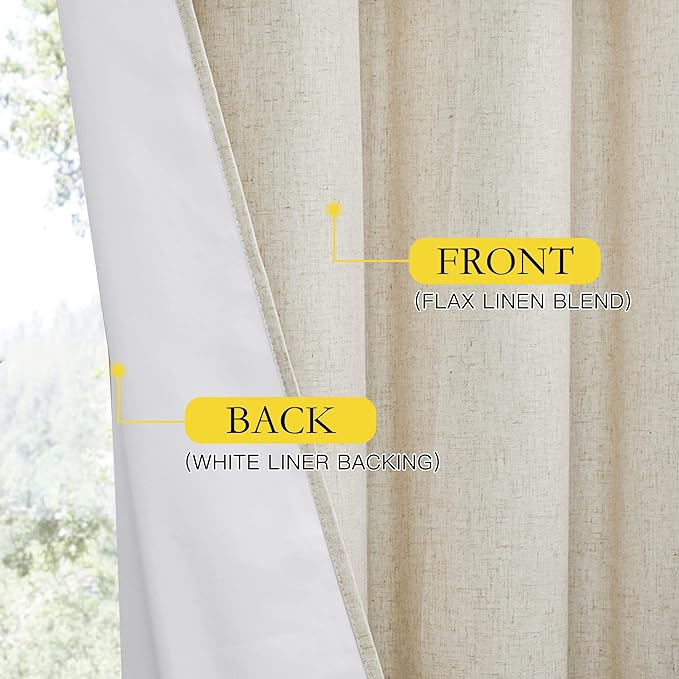 NICETOWN Natural Full Blackout Boho-Chic Linen Curtains 90 inch Long 2 Panels - Image 7