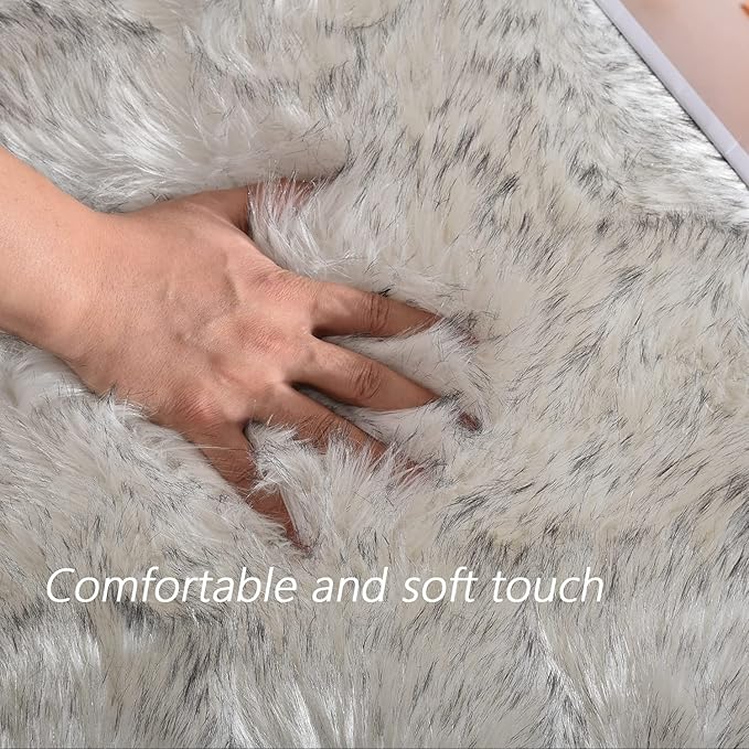 Latepis Faux Fur White with Grey Tips 2x8 Runner Rug - Image 4