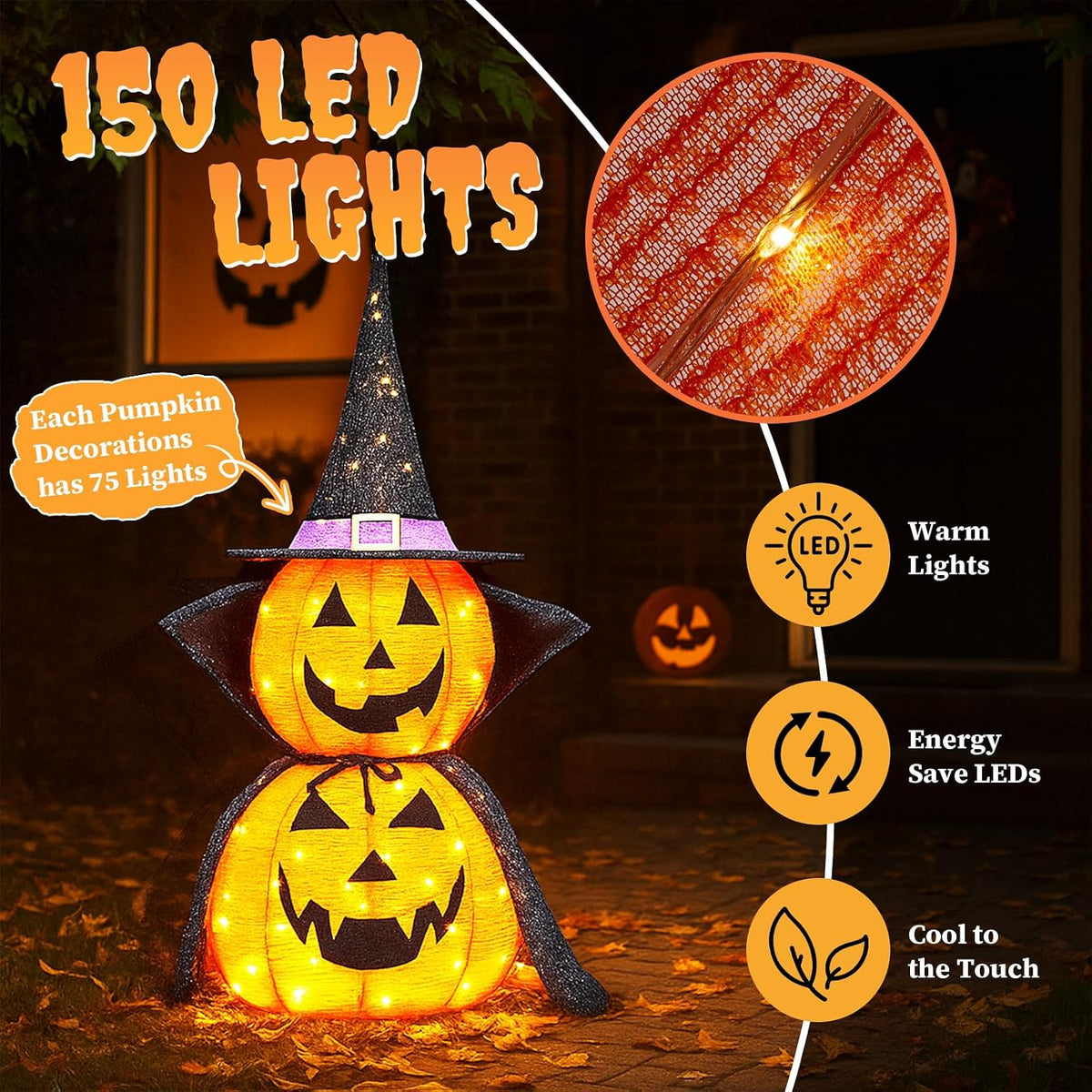 Outvita 2PC Halloween Collapsible Pumpkin Decoration, 150 LED Pop-Up Pumpkin Lamp with Star Cap, 3FT Plug in Halloween Lantern with Metal Stand for Indoor Outdoor Garden Patio Party Decor