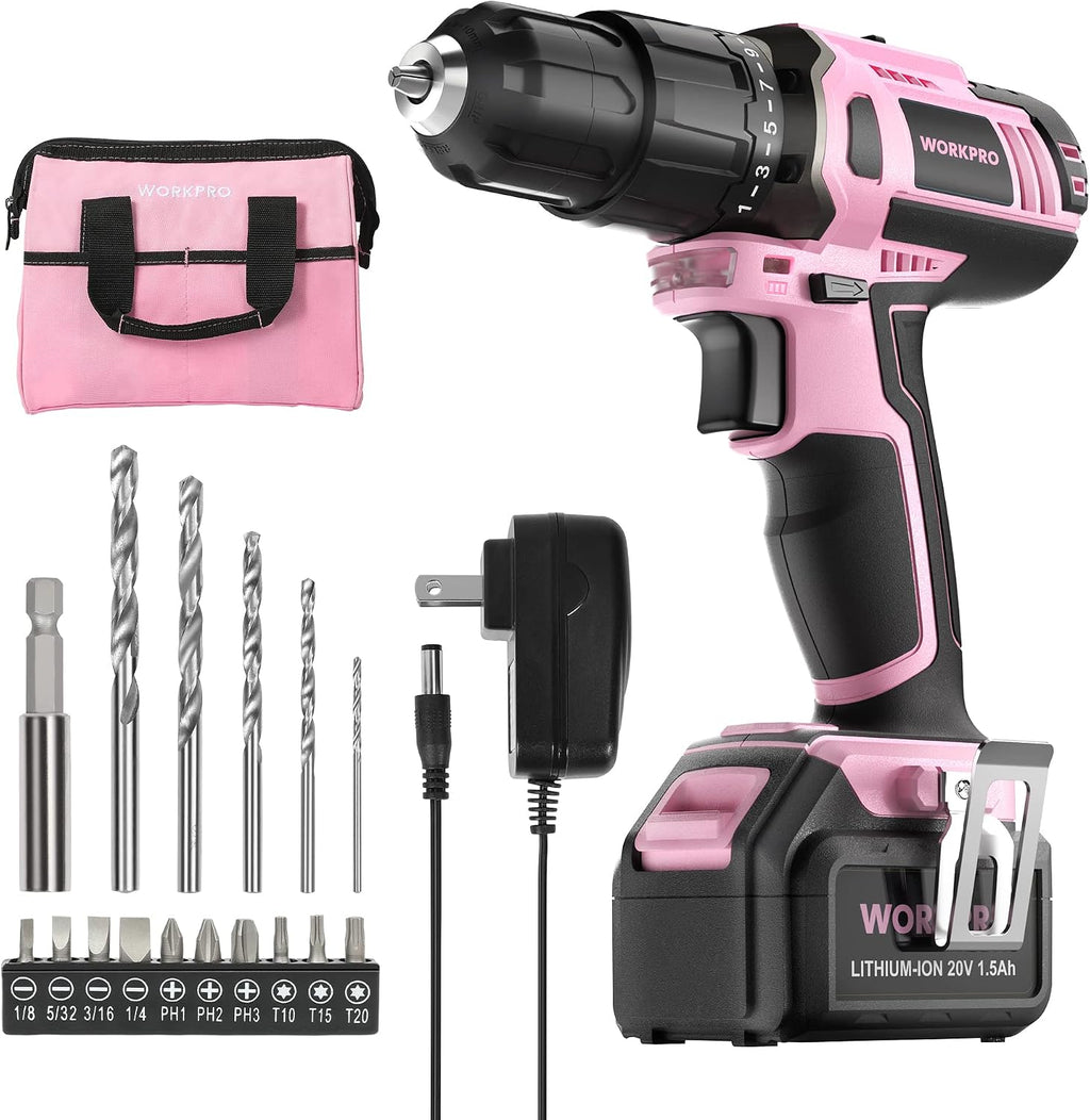 WORKPRO 20V Cordless Drill Driver Set, Pink, 3/8" Keyless Chuck