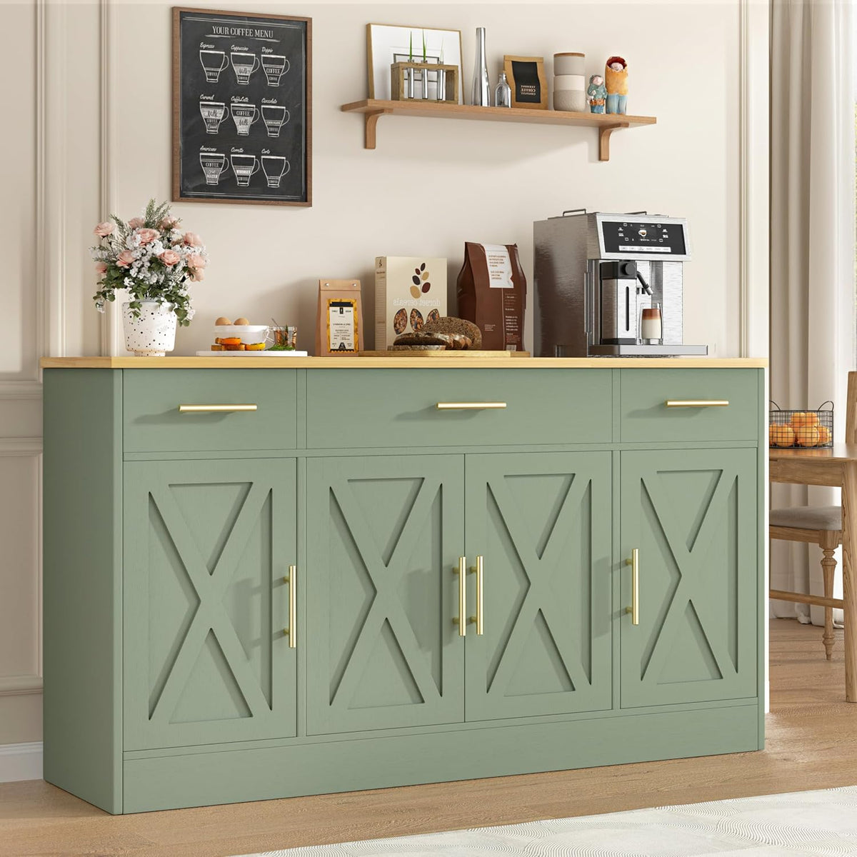 Vongrasig Buffet Cabinet with Storage, Farmhouse Coffee Bar Cabinet with Drawers, 53” Large Modern Sideboard Buffet with Adjustable Shelves for Kitchen, Dining Room, White