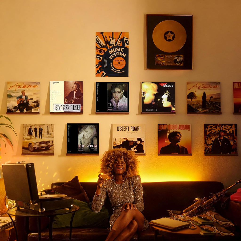 Vinyl Wall Mount No Drill with 2 Mount Options(Adhesive & Screws), 6 Pack Solid Walnut Wood Record Display No Screws, Record Shelves for Wall, Album Magazine, Record Shelf, Vinyl Holder Wall