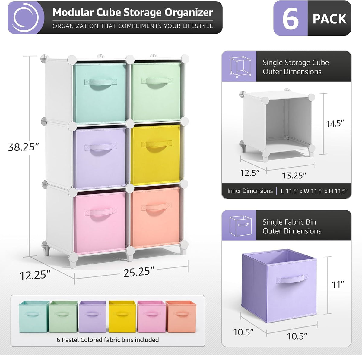Sorbus 6 Cube Storage Organizer with 6 Fabric Bins (White)