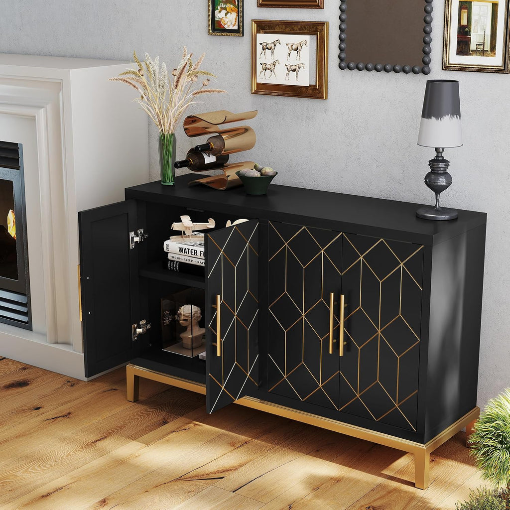 47.8" Storage Accent Cabinet with 4 Doors, Modern Sideboard Buffet Cabinet with Gold Lines, Wood Decorative Credenza with Storage for Living Room, Kitchen, Dining Room, Entryway, Black