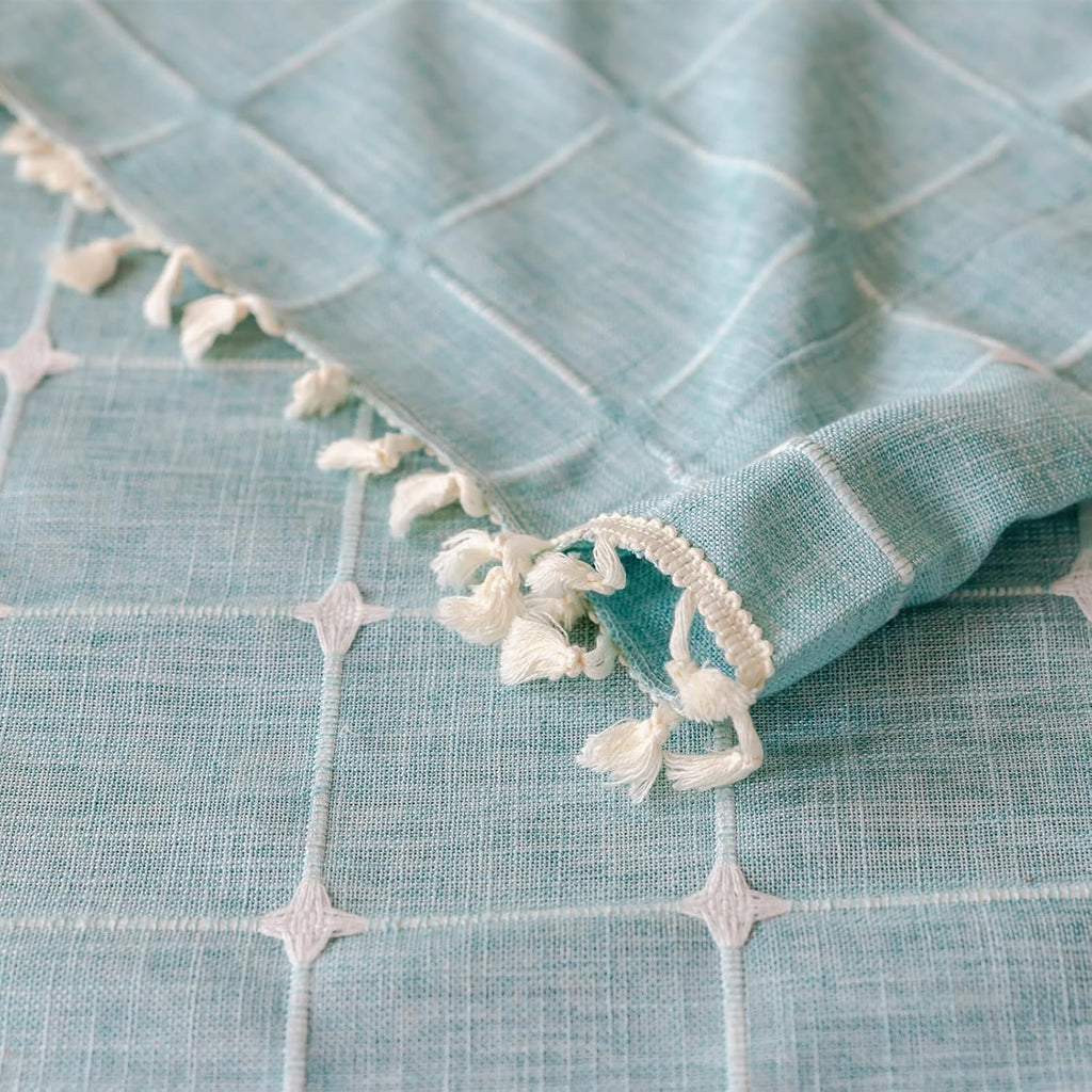 Deeprove Green Boho Curtains 84 Inches Long for Bedroom Nursery Room, Cyan Coastal Teal Plaids Embroidery Semi Blackout Bohemian Window Treatment Grids Drape Tassels, 1 Panel W52 x L84, Aqua