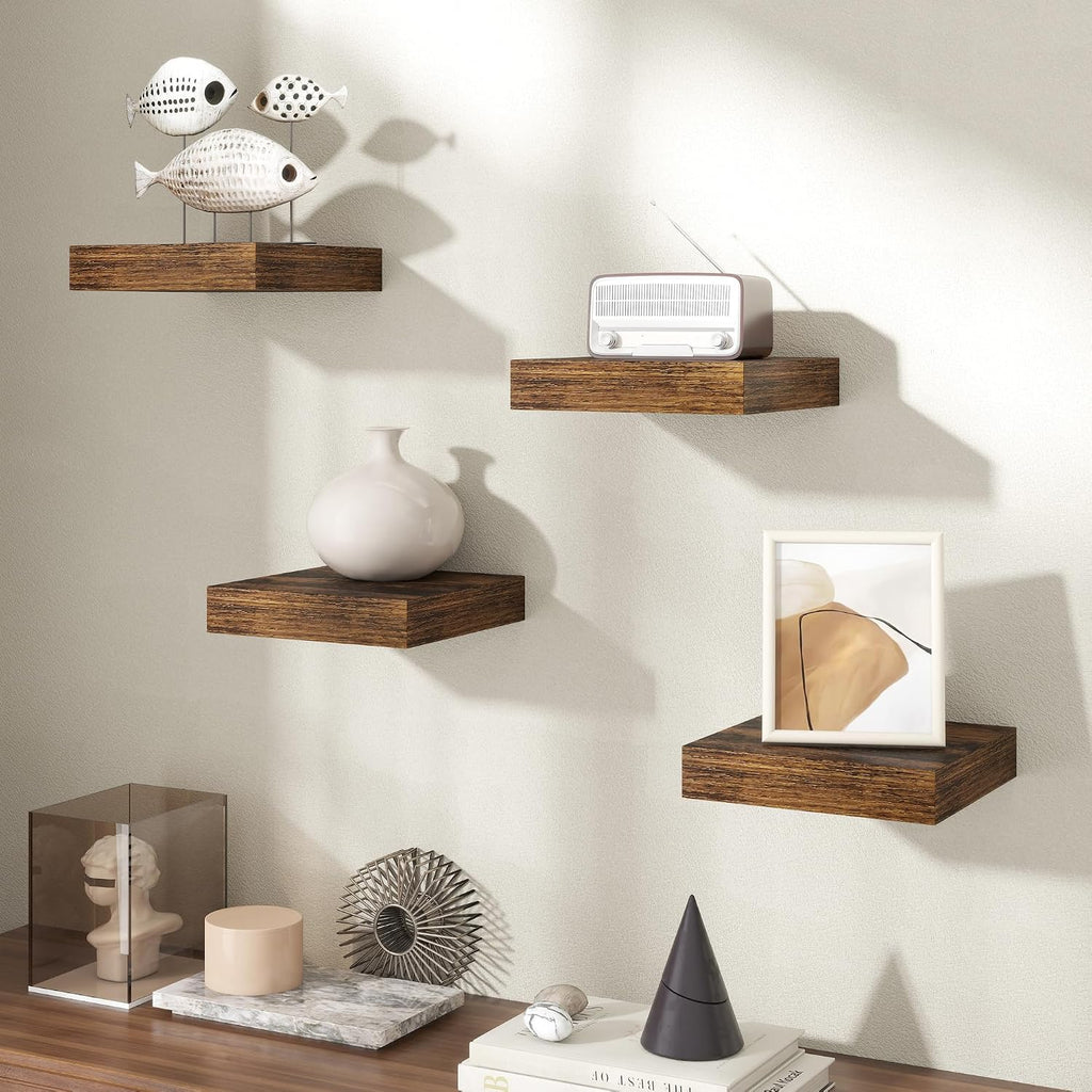 8Inch Square Floating shelves for Wall, 8In Deep, Invisible Brackets, Brown