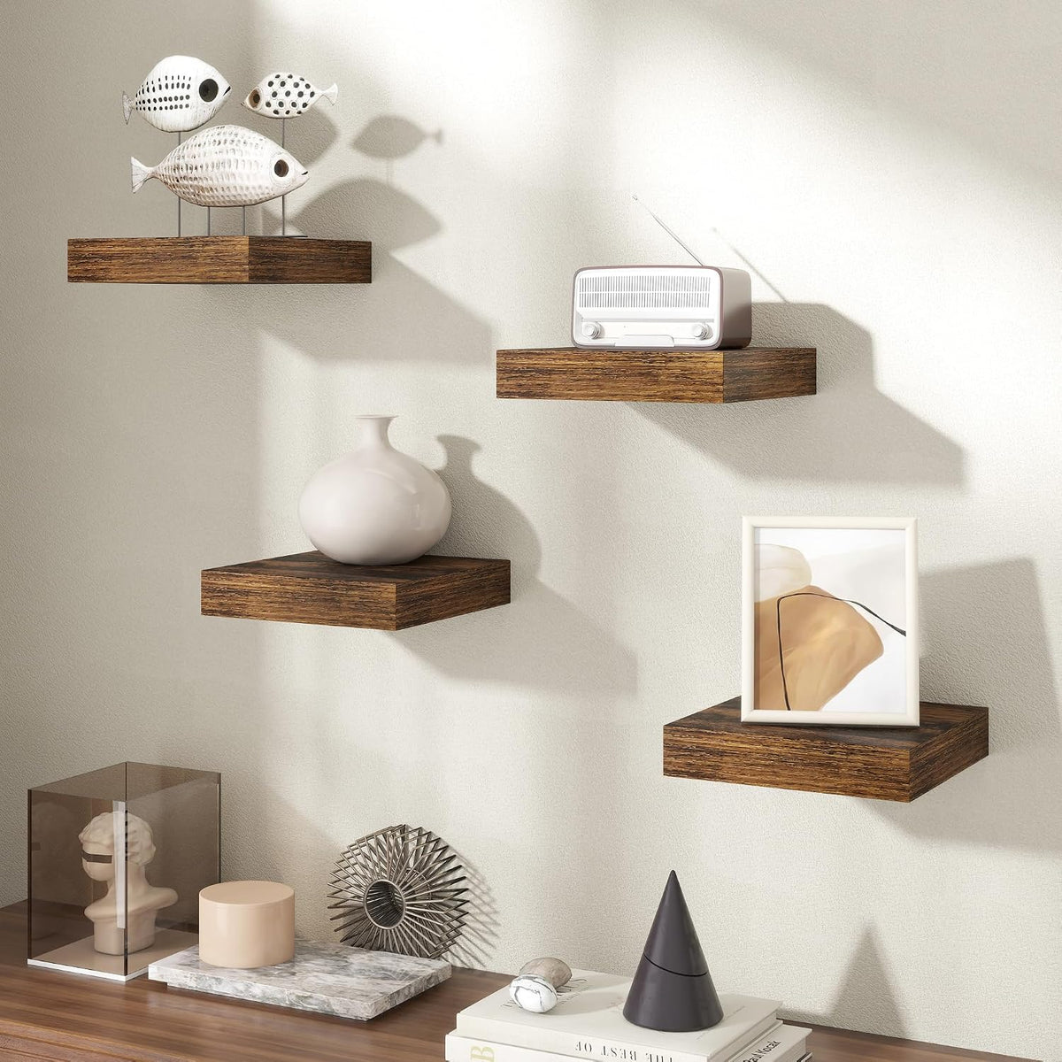 8Inch Square Floating shelves for Wall, 8In Deep, Invisible Brackets, Brown