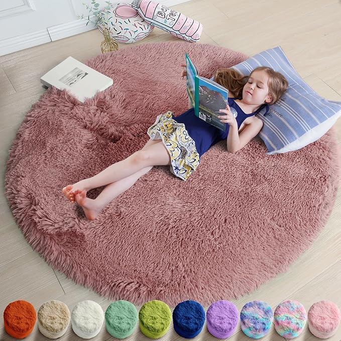 Amdrebio Blush Fluffy Round Rug 4Ft by Amdrebio