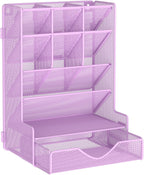 Pen Organizer for Desk, Multi-Functional Desk Organizer, Wall Mount Pen Holder with Drawer for School, Office, Home, Art Supplies, Purple
