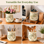 Large Green Floral Ceramic Utensil Holder for Kitchen Counter Utensil Crock