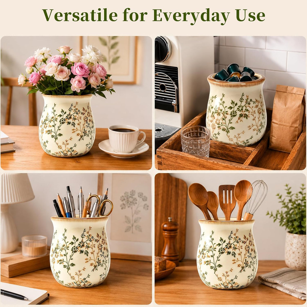 Large Green Floral Ceramic Utensil Holder for Kitchen Counter Utensil Crock