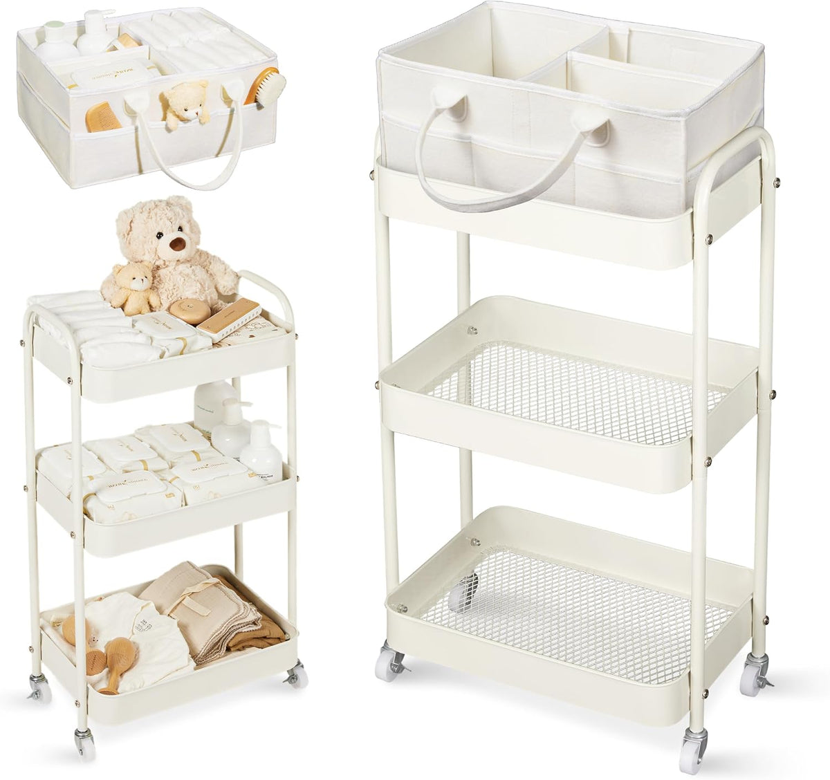 Fortella Baby Diaper Caddy, 3 Tier Rolling Cart for Baby Essentials, Beige