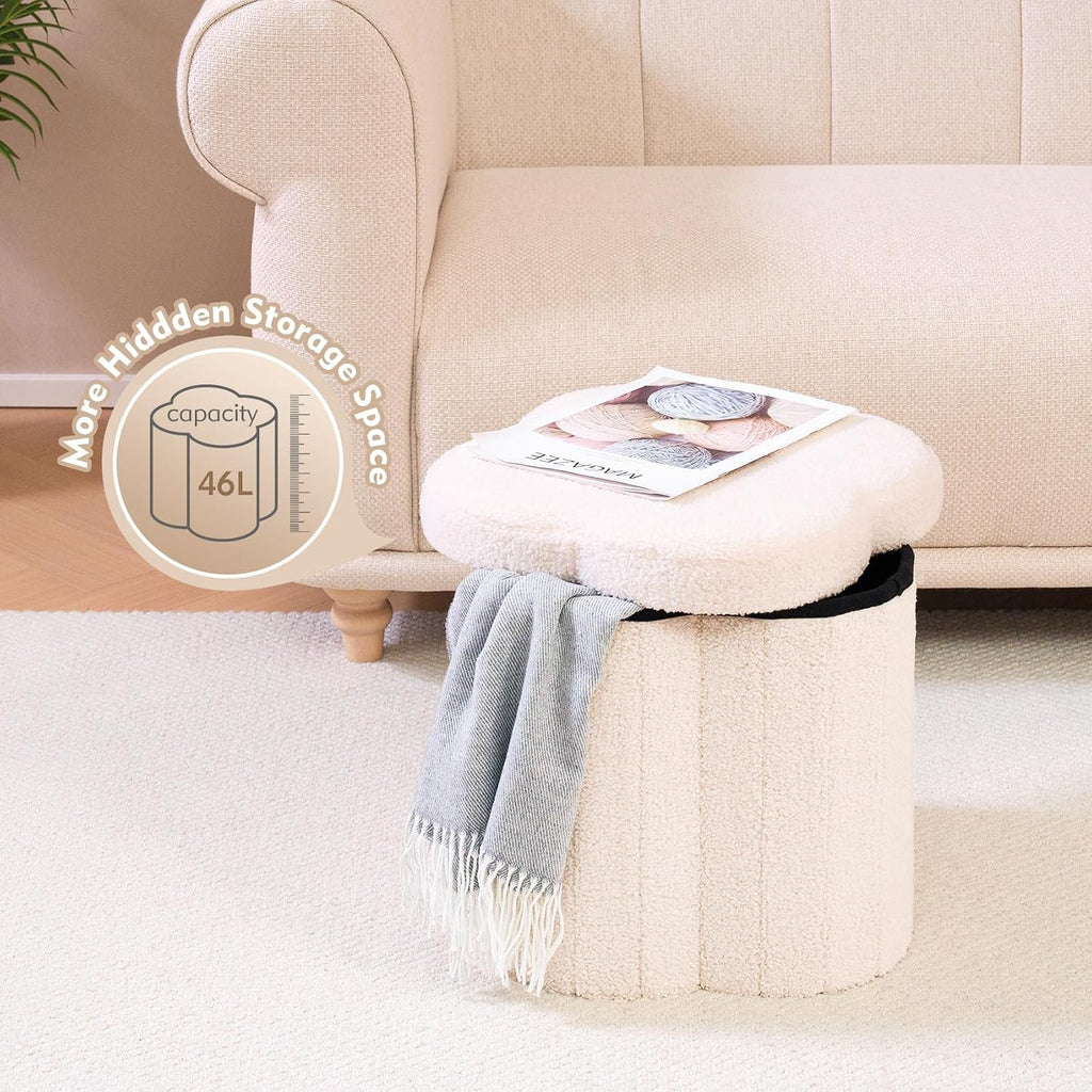 B FSOBEIIALEO Storage Ottoman Cube, 15" Flower Shaped Ottomans, Cream White