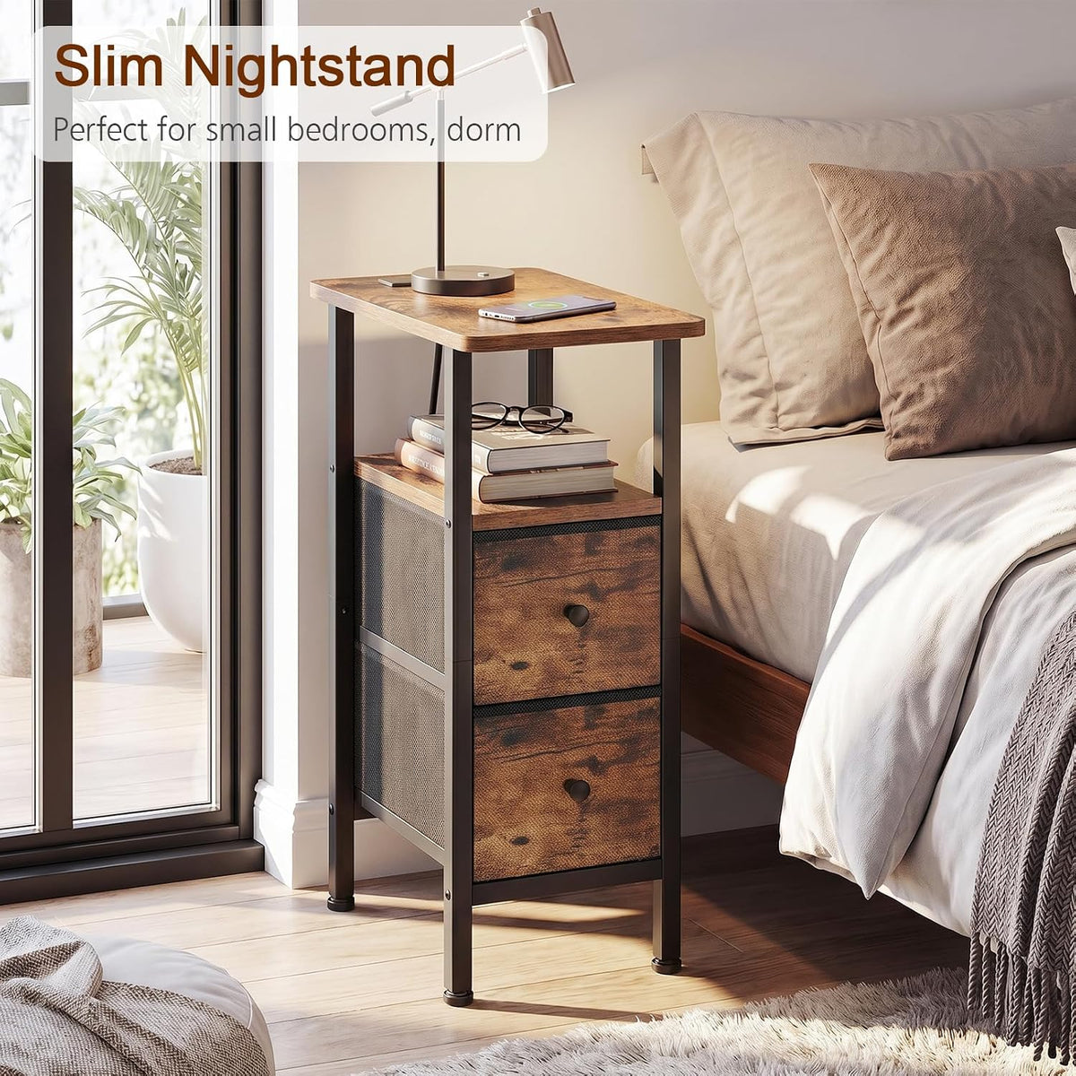 LOAKEKEL Narrow End Table with Charging Station, Side Tables Living Room