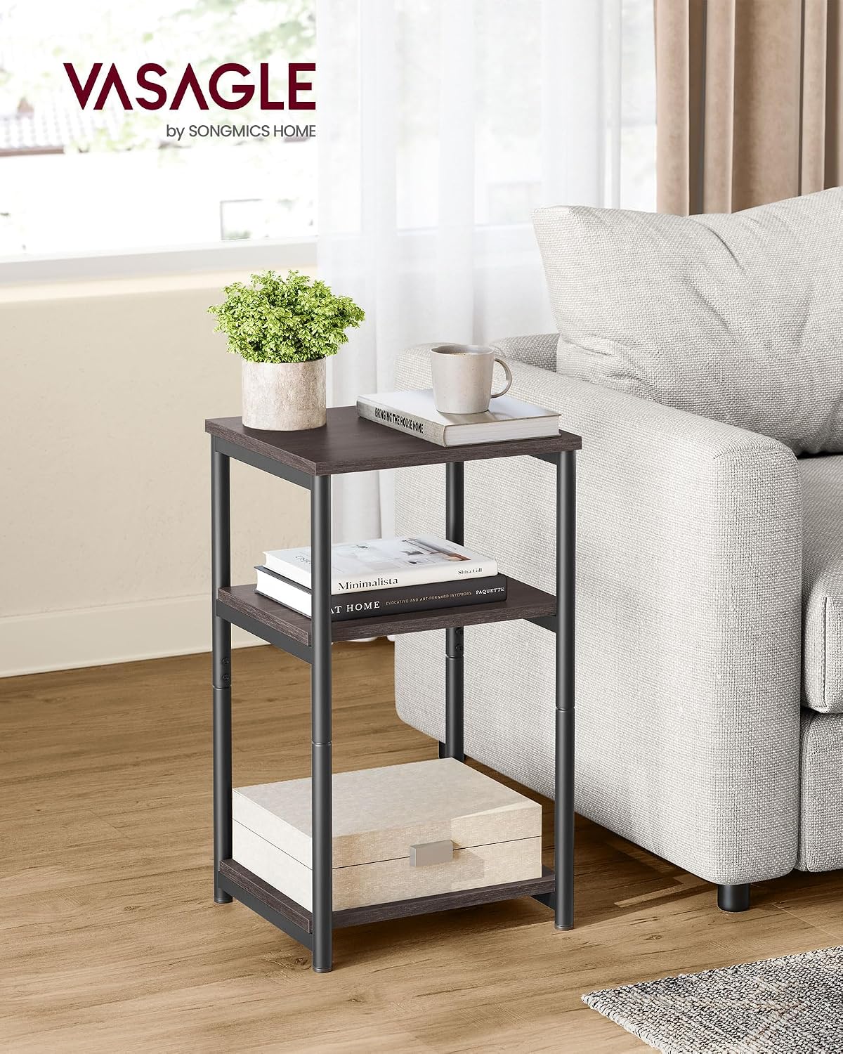 VASAGLE Side Table, Small End Table, Tall Nightstand, Steel Frame
