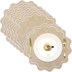 Set of 6 Round Cotton Linen Placemats, Linen with White, 15 Inch