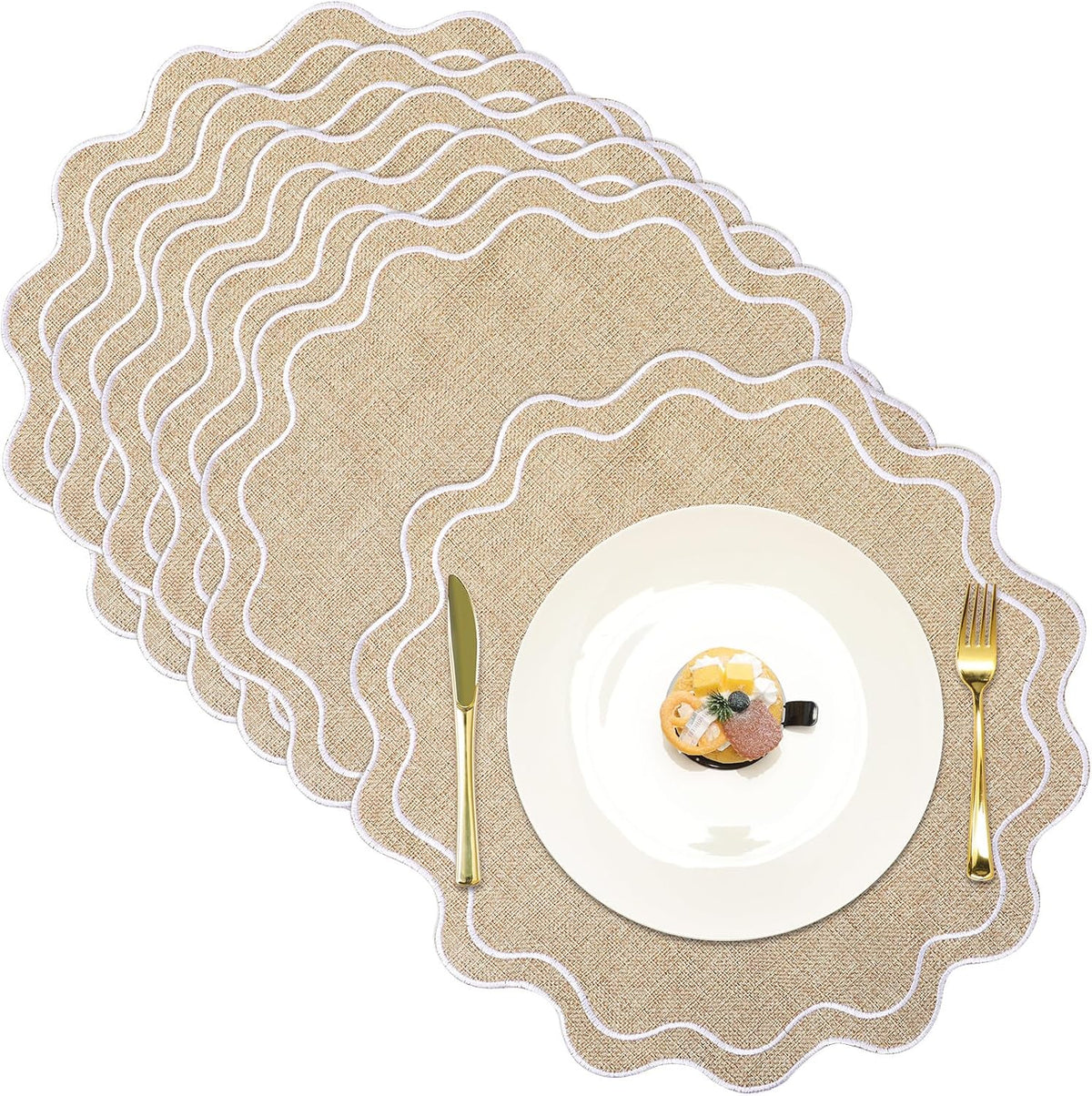 Set of 6 Round Cotton Linen Placemats, Linen with White, 15 Inch