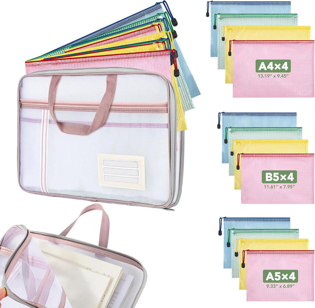 8 Mesh Zipper Pouches + 1 File Organizer Bag,9‑Pc Document Organizer Set