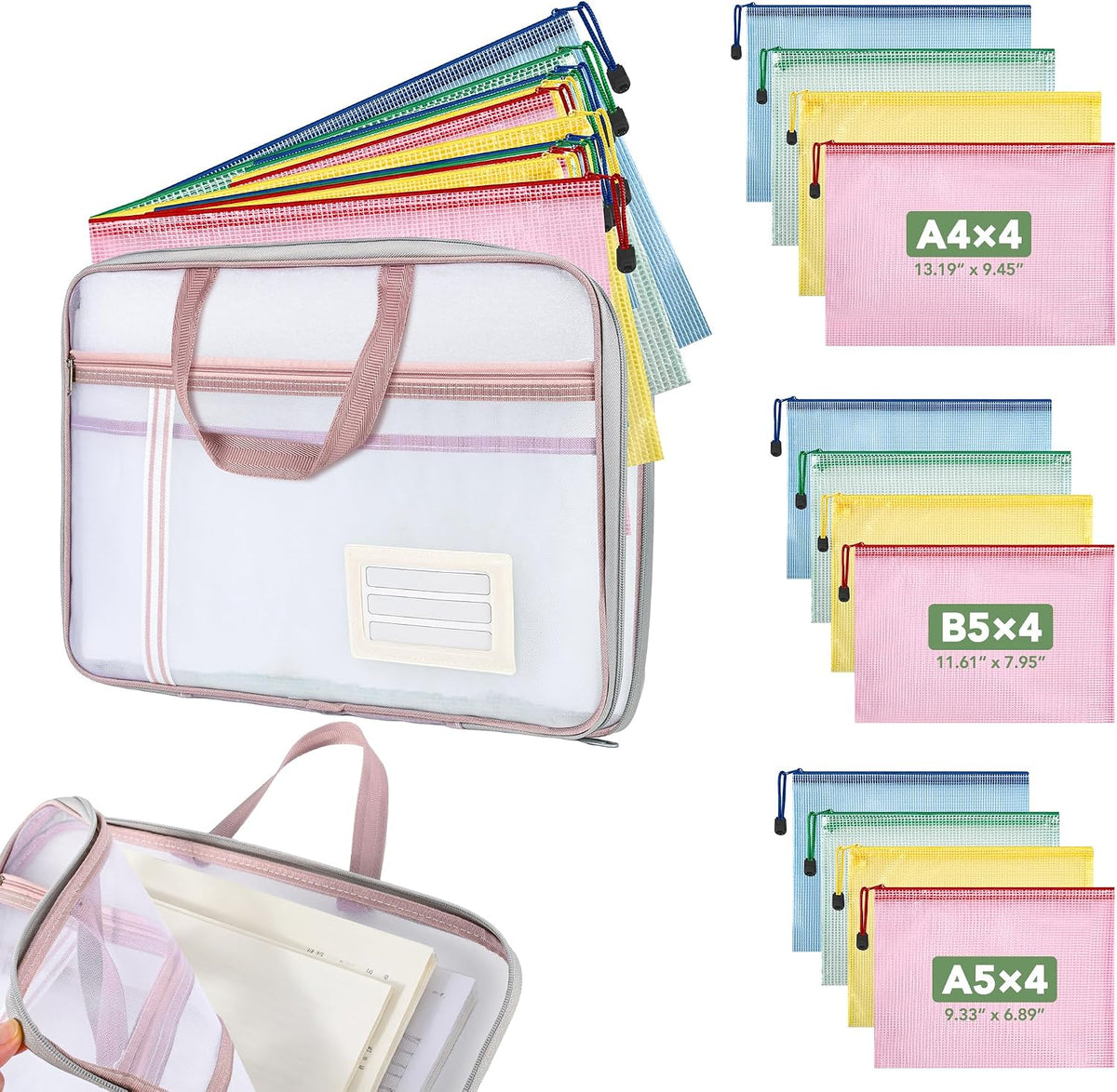 8 Mesh Zipper Pouches + 1 File Organizer Bag,9‑Pc Document Organizer Set