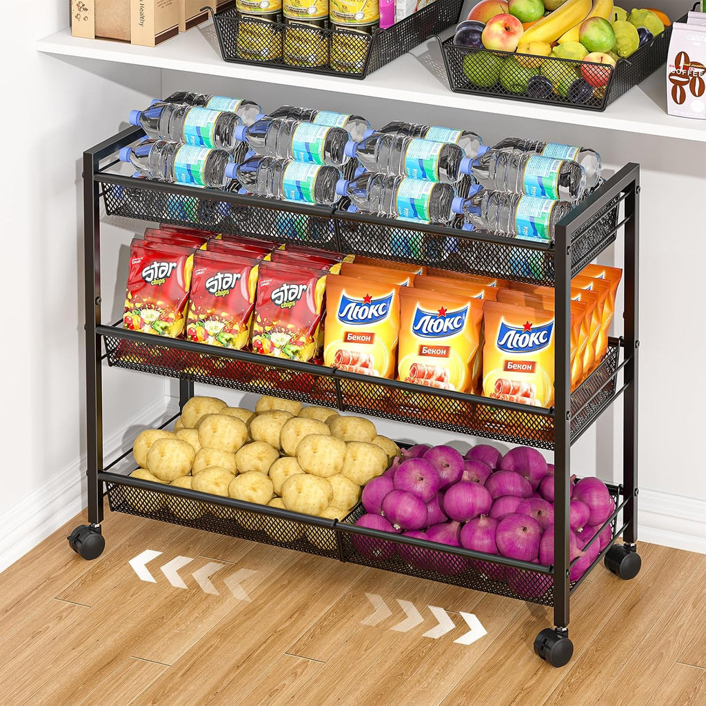 3IngSeagulls 2-Tier Expandable Rolling Pantry Floor Organizer, Stackable Pantry Storage Cart with Wheels, Kitchen Fruit and Vegetable Storage Rack for Onion, Potato, Food, Snacks