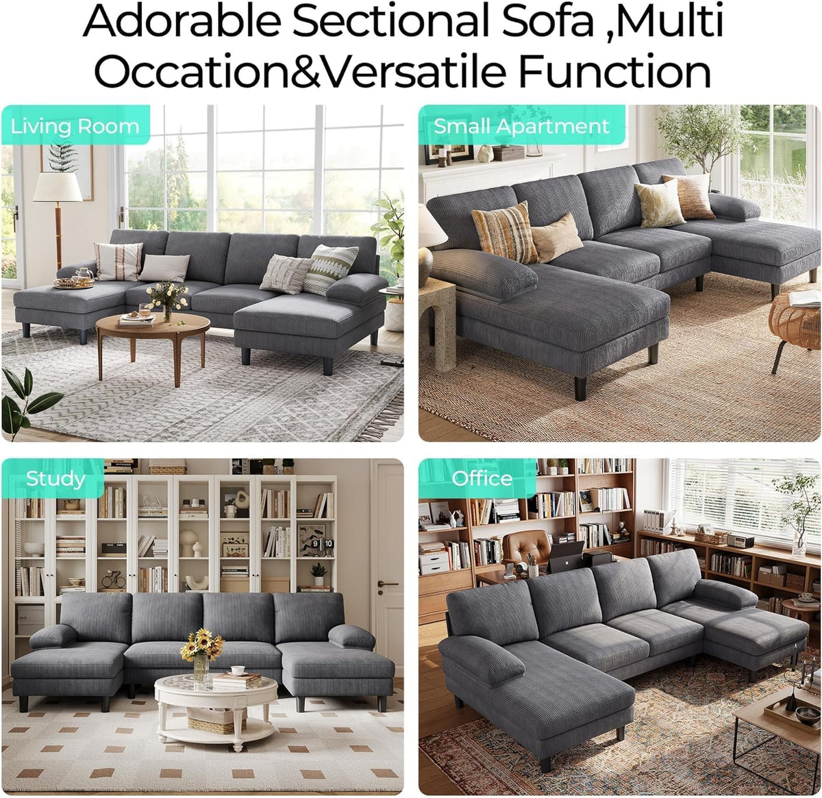 LINSY HOME Sectional Couch, 105'' W Corduroy U Shaped Sofa with Sleepable Armrests, 4 Seat Couch with Double Chaises, Deep Sofa for Living Room（Grey）