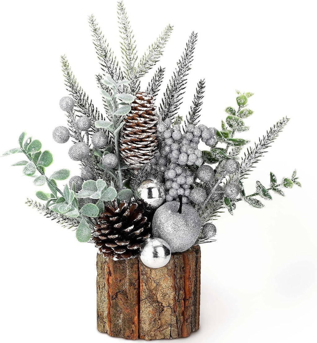 Small Christmas Tree Tabletop Artificial Mini Christmas Tree Decorations with Holiday Ornaments Red Berry Pine Cone Greenery for Home Indoor Fireplace Mantel Xmas Decor (Tree Stump-Red)