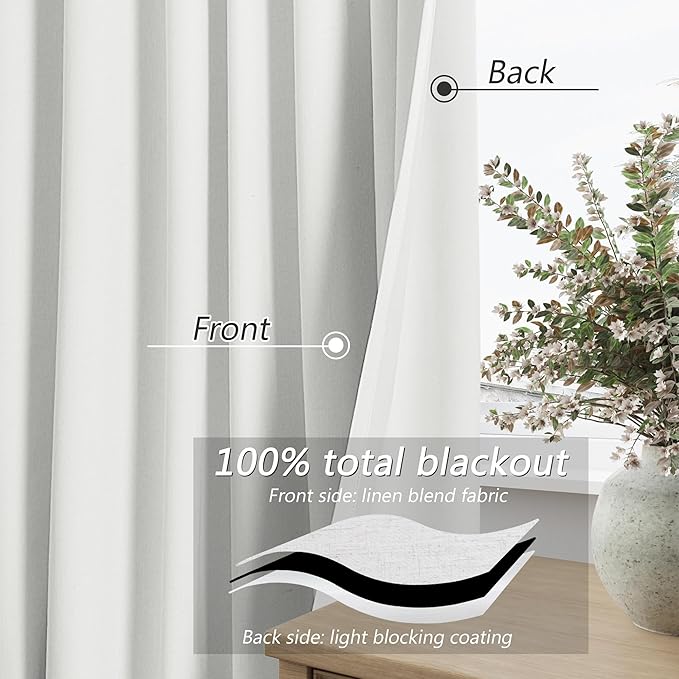 Guken Off White 100% Blackout Linen Curtains 90 Inch Length 2 Panels Set - Image 4