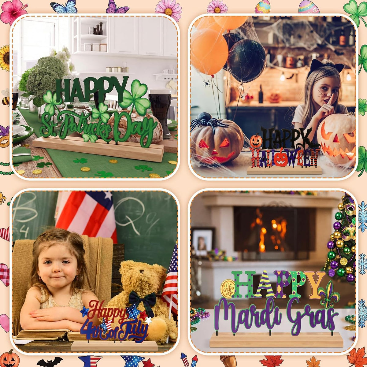 Chunful 13 Pcs Interchangeable Holiday Metal Table Signs with Wooden Base