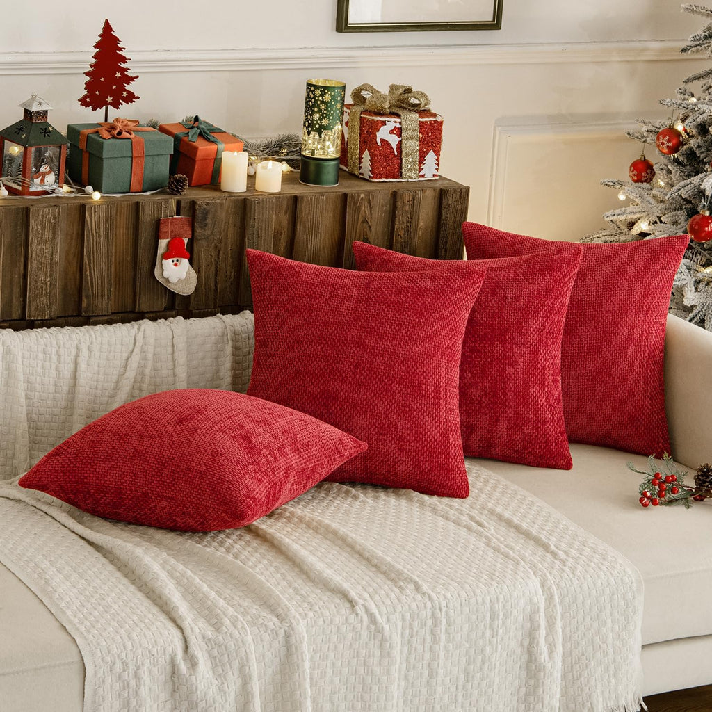 MIULEE Decorative Chenille Pillow Covers Christmas Red 18x18 Pack of 4