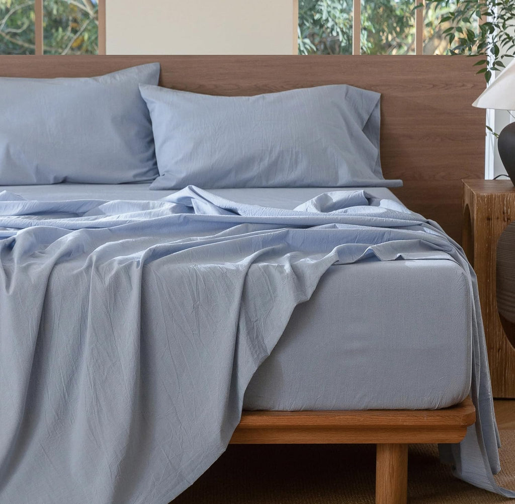 MooMee Sheet Set 100% Washed Cotton Linen-Like Extra Deep Pocket Queen
