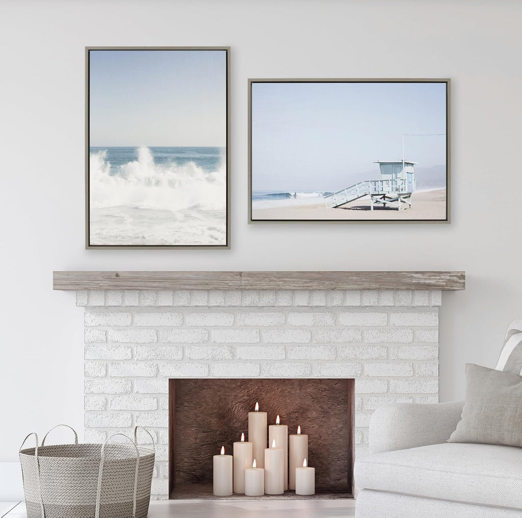 Kate and Laurel Sylvie Pale Blue Life Guard Tower Framed Canvas Wall Art by Caroline Mint, 23x33 Gray, Chic Coastal Wall Decor