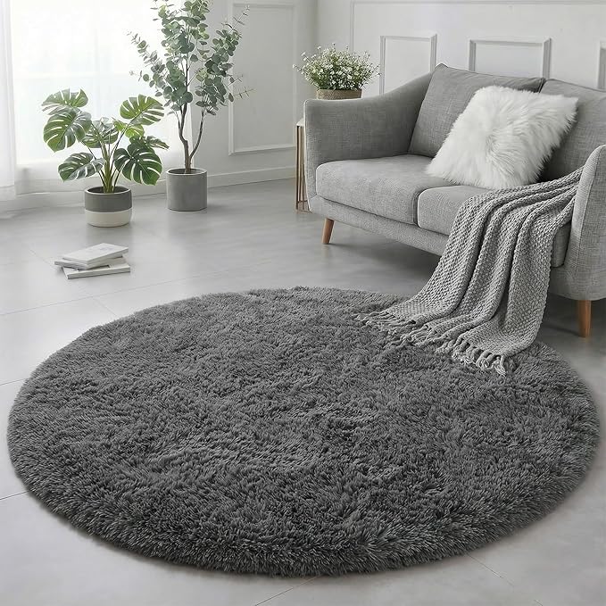 Grey Round Rugs 4Ft for Living Room Bedroom, Fluffy Fuzzy Shag Shaggy Circle - Image 5