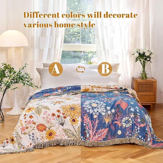 MSGKV Boho Throw Blanket for Couch Chair 100% Cotton Floral Blanket 50"x60" - Image 4