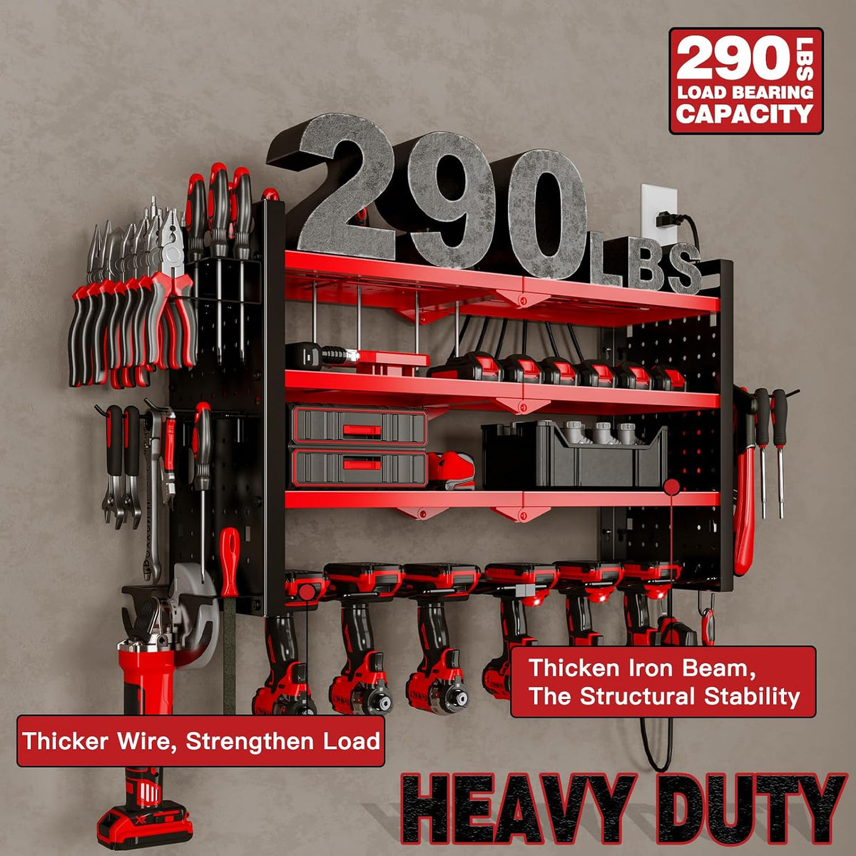 Cordless Power Tool Organizer Wall Mount, 6 Drill Holders, Red