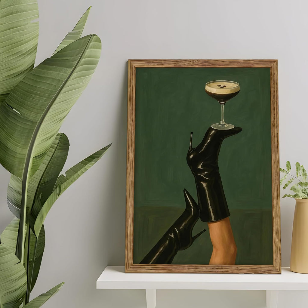 Framed Vintage Cocktail Wall Art, Espresso Martini on Black Boots Canvas Print, Feminine Moody Cocktail Picture Poster, Bar Cart Wall Decor Painting Art for Bedroom Living Room 12x16 inch
