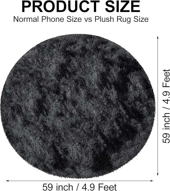 5x5 ft Tie Dye Black Round Rug for Bedroom Room Fluffy Circle Rug Furry Carpet - Image 2