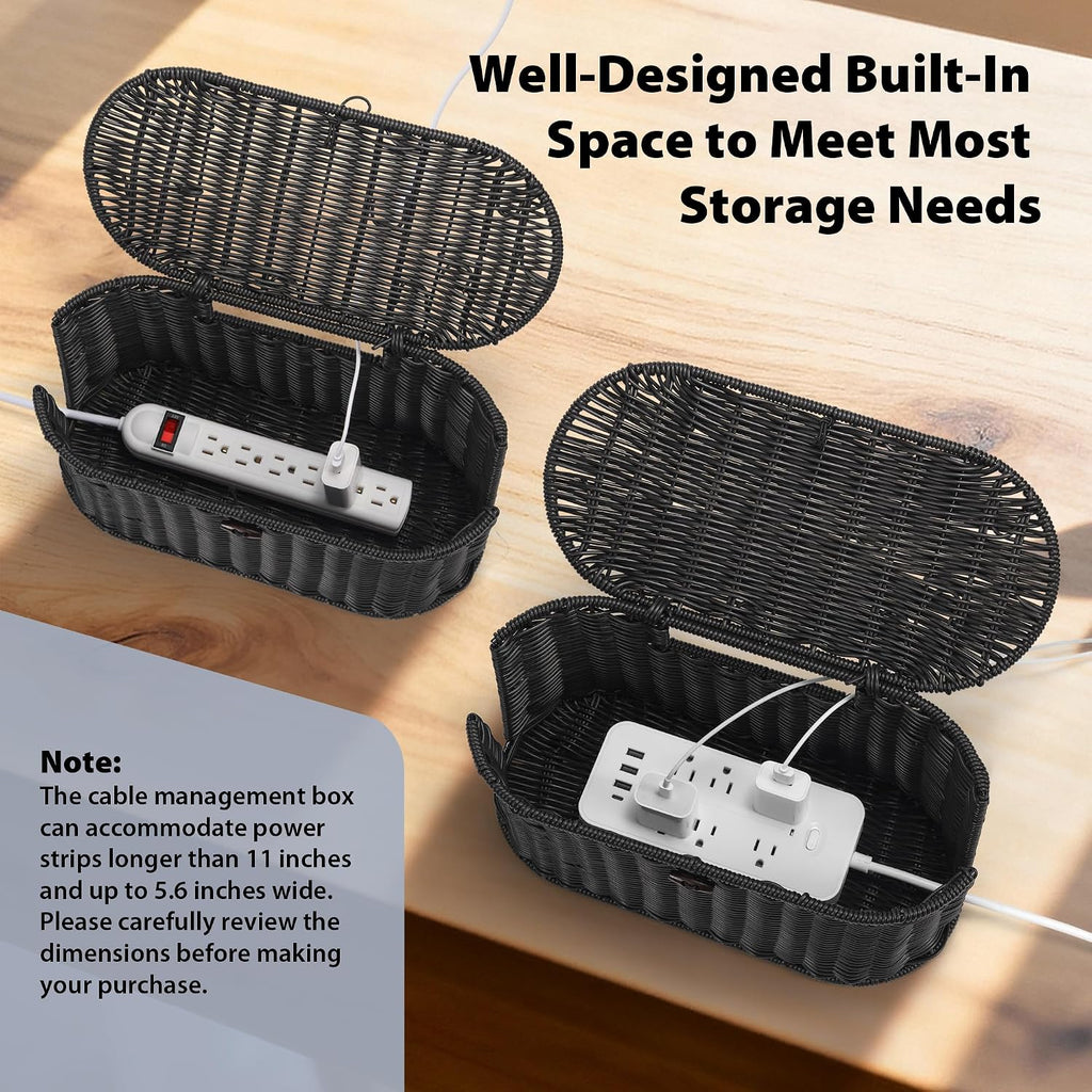 Oval Rattan Style Cable Management Box, Cable Organizer Button Loop Closure