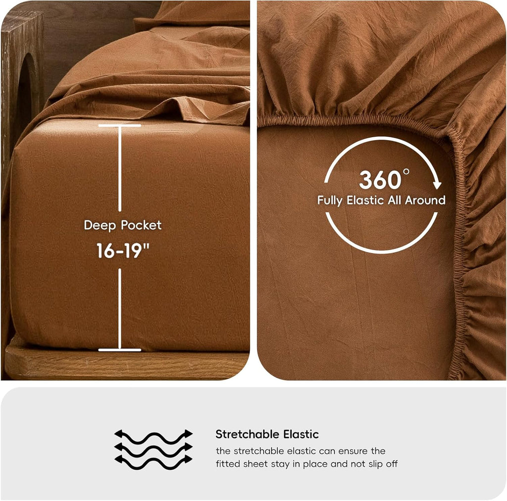MooMee Sheet Set 100% Washed Cotton Linen-Like Extra Deep Pocket Queen