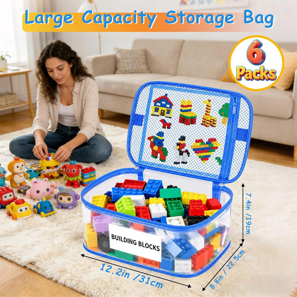 6 Pack Large Clear Toy Storage Bag with Name Tag, Waterproof PVC Toy Organizer Bags with Zipper & Manual Pocket, Toy Storage Organizer for Lego Bricks, Building Blocks, Board Games, Kid Book (6 Color)