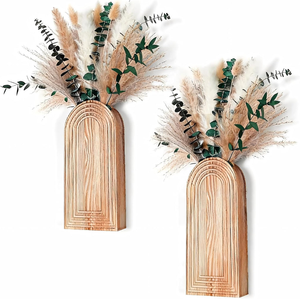 2 Pack Wall Wooden Vases with Pampas Grass – Boho Decor for Living Room, Modern Farmhouse Entryway or Bathroom, Rustic Art for Home Decoration