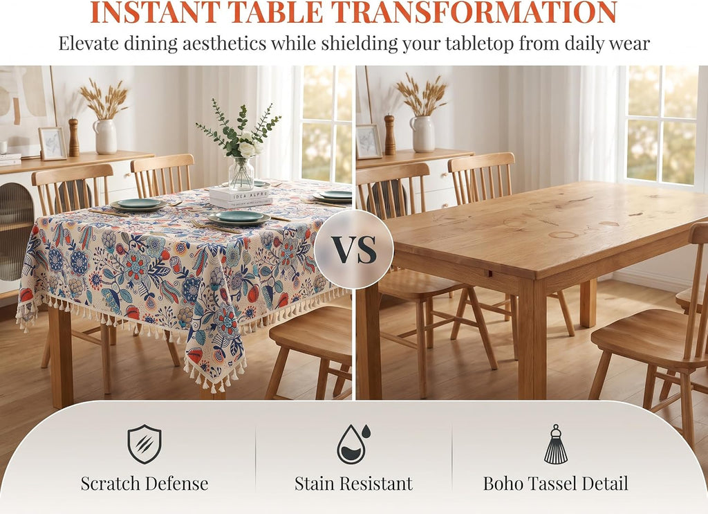 Boho Floral Tablecloth with Tassels 59"x86.6" Rectangular Table Cover