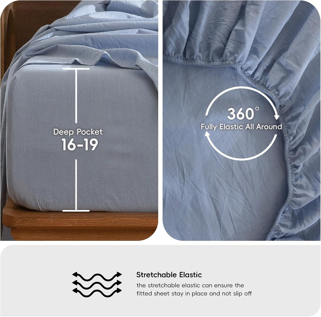 MooMee Sheet Set 100% Washed Cotton Linen-Like Extra Deep Pocket Queen
