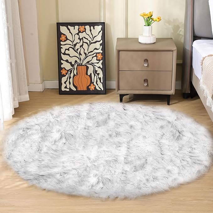 ORINOVA Grey and White Washable Shaggy Round Rug 5ft Circle Faux Sheepskin by ORINOVA