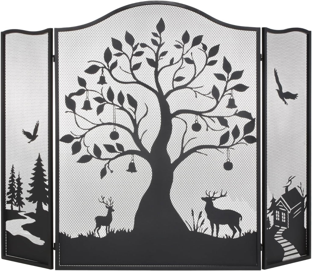 50" x 36" 3-Panel Fireplace Screen, Tree Pattern Fire Guard, Rustic