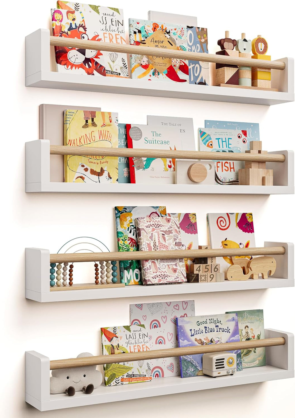 Seocry Nursery Book Shelves, 4 Pack, Wall Book Shelves for Kids Room, Baby, Toddler, Nursery Decor (White Wood, 16.5 Inches)