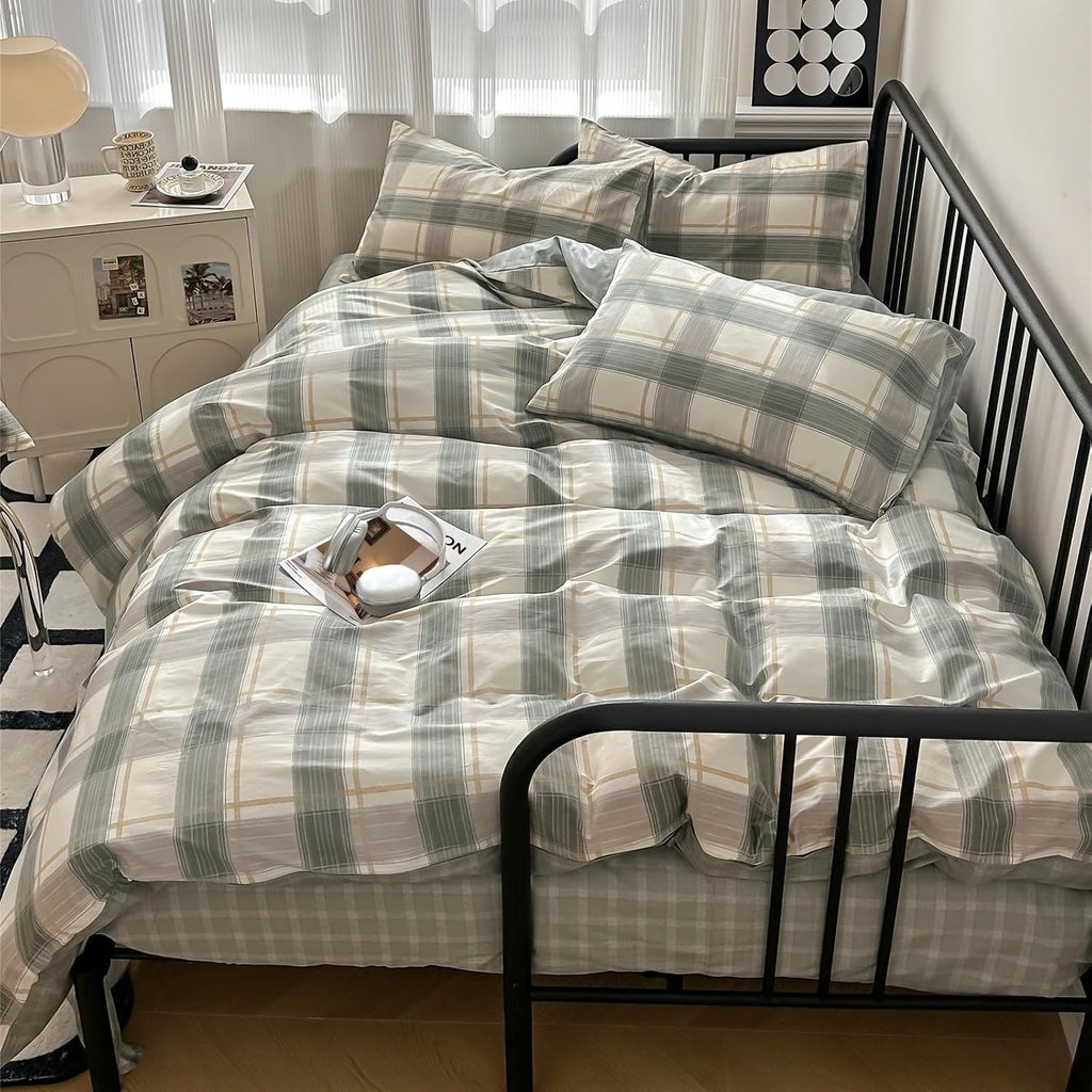 mixinni Full Comforter Set Green Geometric Checkered Plaid Bedding Comforter Set Men Boys Modern Style All Season Soft Fluffy Lightweight Bedding Set-Full Size