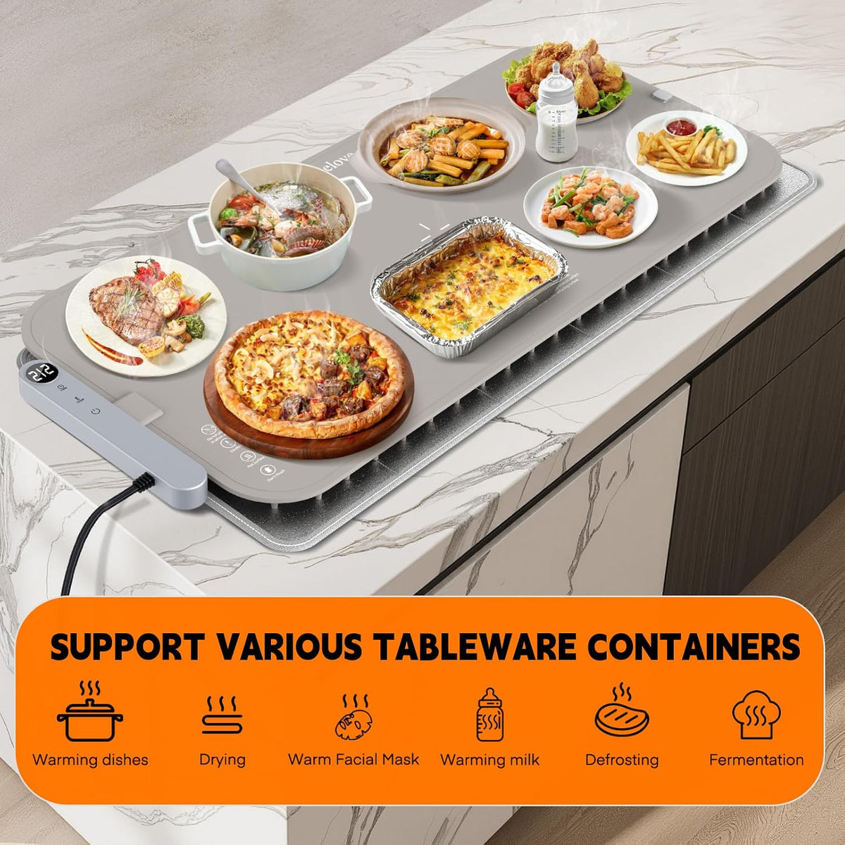 Homelove Warming Mat for Food - Electric Warming Tray with 7-Level Temp Settings & 6 Hours Timer, Full Surface Graphene Heating, Waterproof Dishwasher-Friendly Food Warmer for Parties, Kitchen (Khaki)