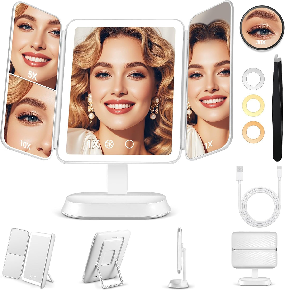 GOMIPURU Vanity Mirror with Lights, Lighted Makeup Mirror with 30X/10X/5X Magnification, Rechargeable Trifold Mirror with 3 Color&Adjustable Brightness, Travel Makeup Mirror with Lights for Desk,Gifts
